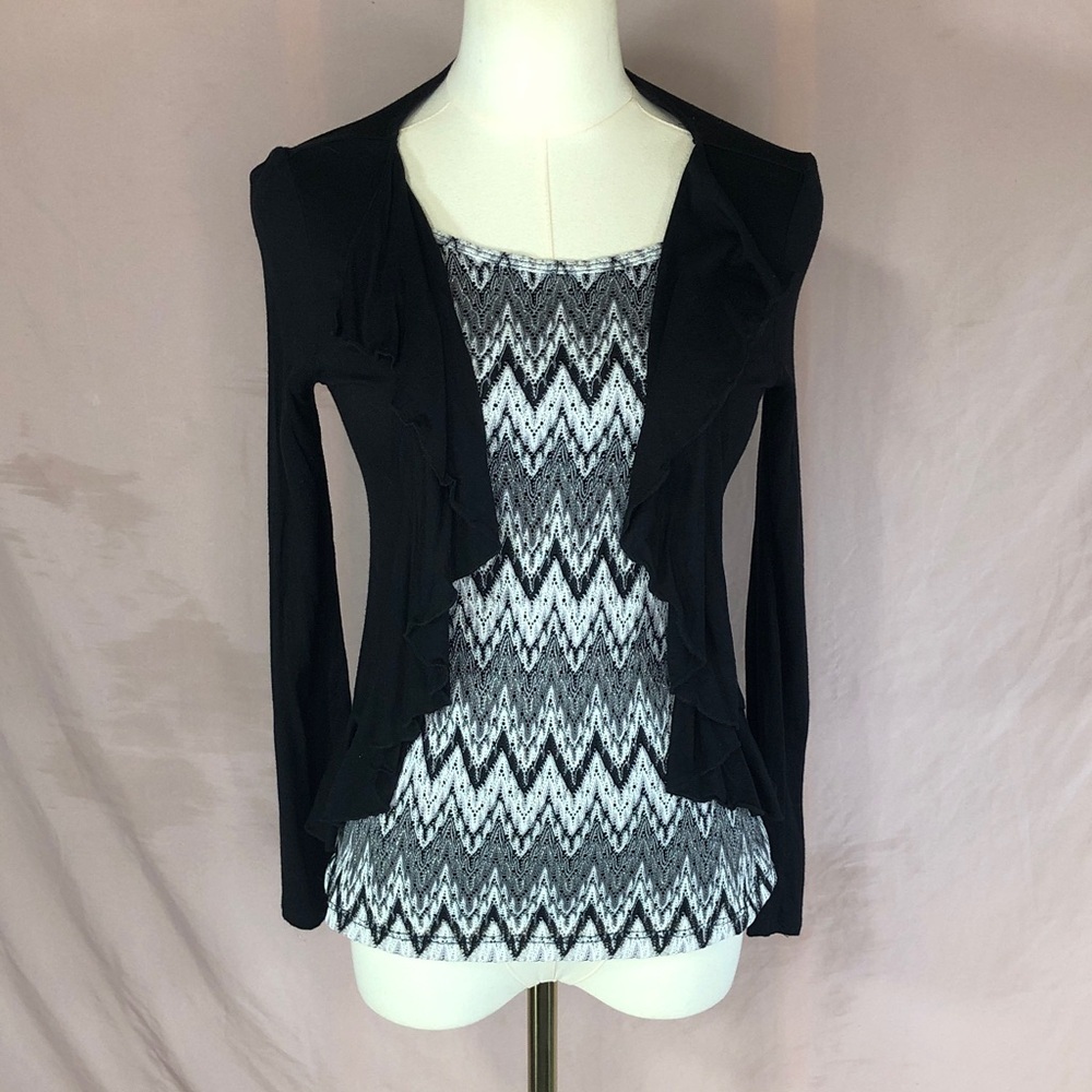 Black Ruffle Open Cardigan with Black & White Chevron Tank Women’s Small XS